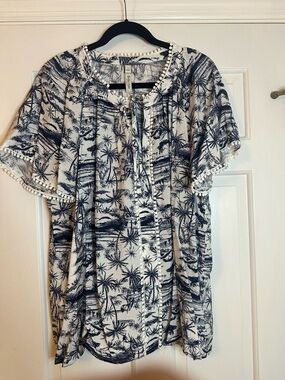 Torrid Belle Isle White and Navy Tropical Print Blouse with Pom Trim